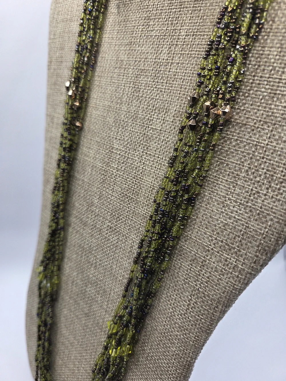 1599. Vintage Multi-Strand Olive Green Beaded Women's Necklace